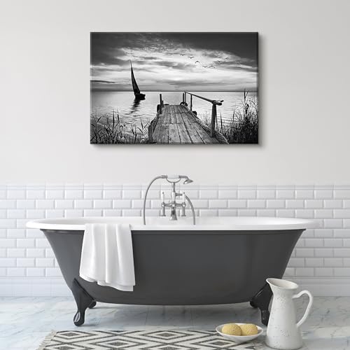 Image of Black and White Coastal Wall Art Beach Sailboat Seascape Pictures Bathroom Wall Decor Grey Trestle Canvas Print Painting Artwork for Modern Abstract Living Room Bedroom Home Office Decoration 24x36 inch