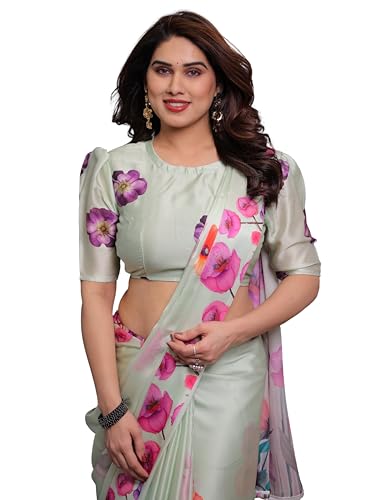 Image of ALMAARI FASHION Satin Georgette Floral Printed Saree with Blouse, 5.5 Meter Saree with 0.8 Meter Blouse, Traditional (SG 104 SH)