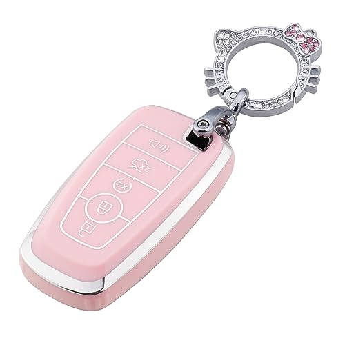 Image of Pangpai Pink Key Fob Cover for Ford, Soft TPU Key Case Protection with Bling Keychain Fit for Edge Escape Expedition Explorer Fusion Mustang Ranger F-150 F-250