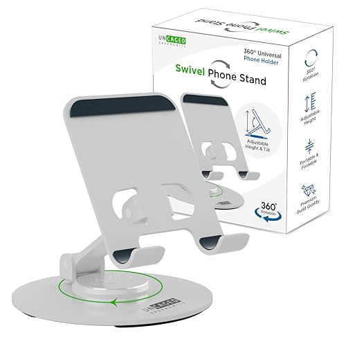 Uncaged Ergonomics 360° Swivel Rotating Adjustable Phone Stand for Desk, Portable & Foldable Cell Phone Stand for Desk, Compact Mobile Stand for Tabletop, Office, Kitchen & Bedroom (Silver)