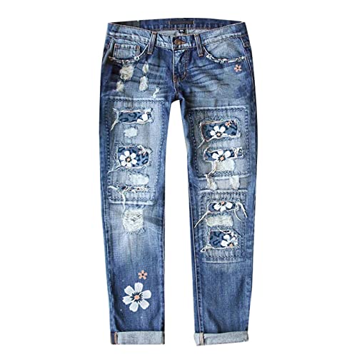 Sunflower Patch Jeans Womens Straight Leg roll-up Cute Ripped Jeans Boyfriend Style Distressed Classic Washed Frayed raw Hem Denim Jeans Pants with Pockets