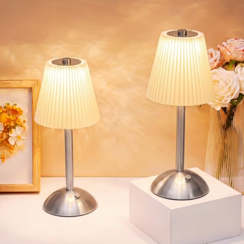 Image of Liliful 2 Pcs Cordless Table Lamp Rechargeable Touch LED Small Gold Portable Battery Operated USB-c Desk Lamp 3 Color Dimmable for Bedroom Living Room Dining (Silver,Beige Cloth Style)