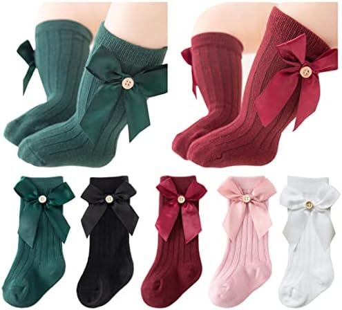 QandSweet Baby Newborn Knee High Socks Seamless Toddler Girls' Big Bow Button Cotton Stockings 0-6 Months