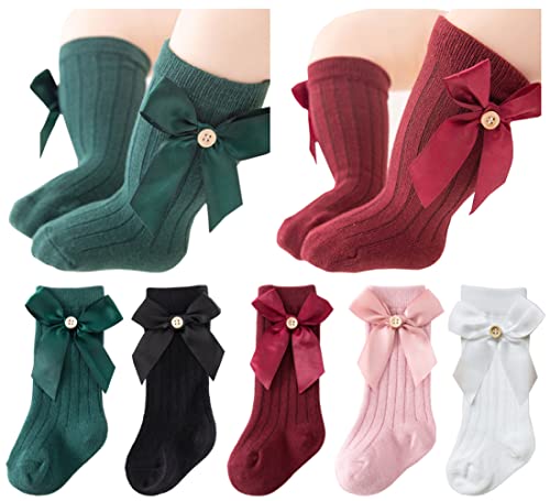 QandSweet Baby Newborn Knee High Socks Seamless Toddler Girls' Big Bow Button Cotton Stockings 0-6 Months
