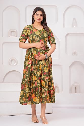 Image of The Moon Star Women's Cotton Floral Printed Anarkali Maternity Feeding Kurti | Breastfeeding Dress for Mothers | Zipper Feeding Kurti,Nursing Kurti, Comfortable and Trendy Maternity Wear