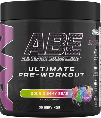 Applied Nutrition ABE Pre Workout - Preentrenamiento en polvo totalmente negro, energía y rendimiento físico con citrulina, creatina y beta alanina (375 g - 30 dosis) (ositos de goma ácidos)