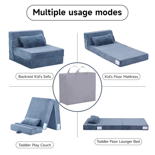 Image of Tiita Convertible Folding Kids Sofa Bed with Pillow & Storage Bag, Plush Fabric Floor Mattress Couch Bed, Washable Cover, Kids Room, Playroom, Dorm, Apartment, Blue Grey