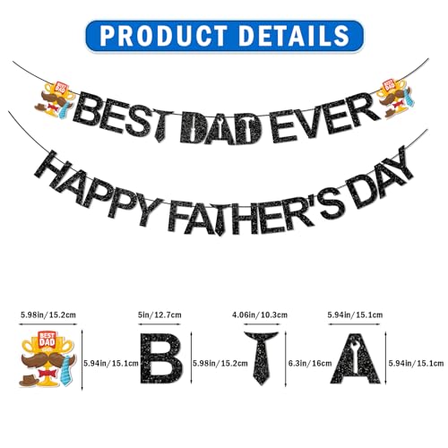 Image of Black Glitter Best Dad Ever Happy Father's Day Banner Fathers Day Decorations for Party Fathers Day Party Decorations Happy Fathers Day Banner Decorations Happy Fathers Day Decorations for Office Super Dad Decorations