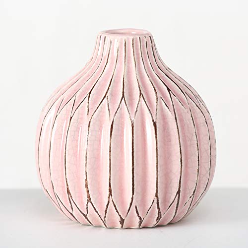 Iconic Scandi Baby Vases, Set Of 3, Fluted, Pink, Mauve And Dusty Rose, Crackle Suffused, 4.25 Diameter X 4.25 Inches Tall, Modern Home Design #TOP4