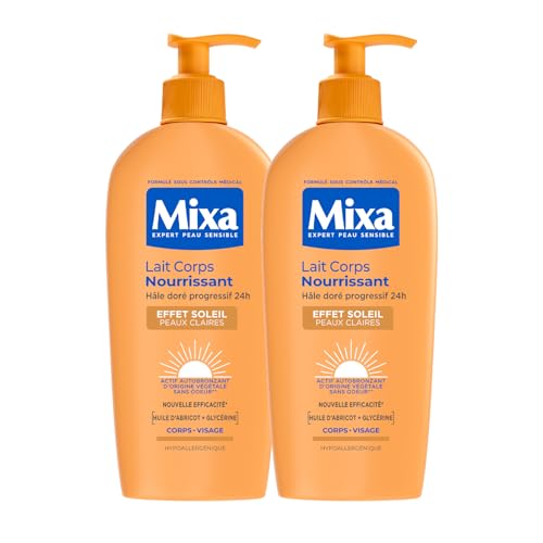 Mixa - Lot de 2 Autobronzant - Lait Corps Effet Soleil 250ml - Hâle Doré Naturel Progressif et Uniforme - Peaux Claires - Hypoallergénique