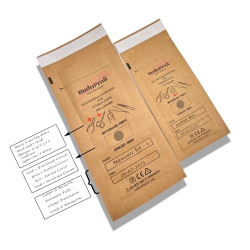 BuduProfi 100 Staubsaugerbeutel mit Autoklaven und Ofen, für Maniküre, Pediküre, mit Anzeige und Versiegelung (100 x 200 mm)