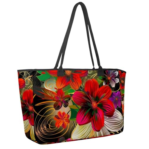 Large Beach Bag for Women, Daisy Flower Colorful Painting Travel Tote with Pockets Waterproof Shoulder Handbag
