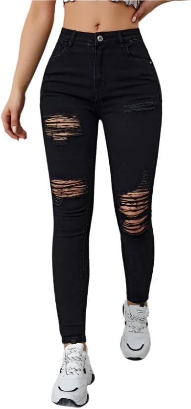 High Waist Ladder Distressed Skinny Jeans for Women – Ripped Casual Denim with Stretch Fabric