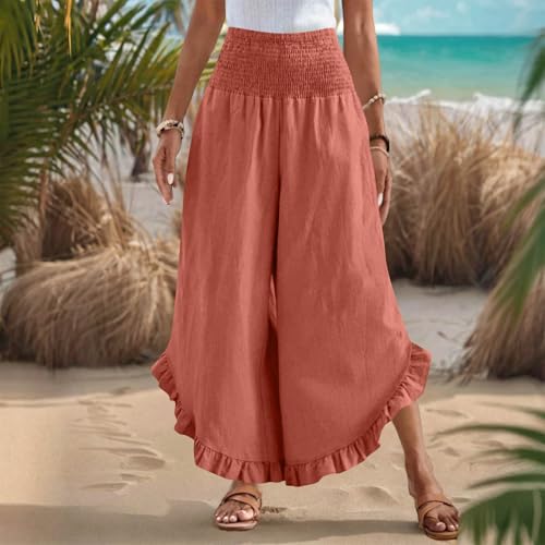 Linen Pants for Women Boho Flowy High Elastic Waisted Palazzo Pants Summer Casual Ruffled Wide Leg Capri Trousers4