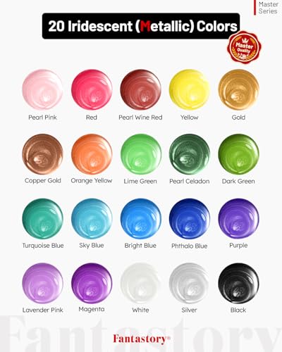 Image of Fantastory 60ml 20 Colors Metallic Acrylic Paint Set with 12 Brushes | Professional Series, Color-Shifting, Perfect for Metal, Canvas, Rock, Stone, Ceramic, Model, Wood Painting