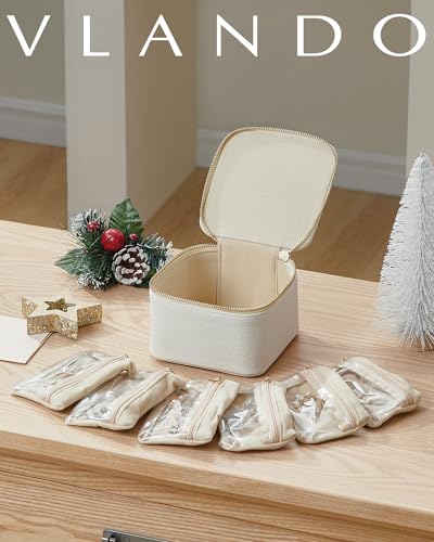 Vlando-Small-Jewelry-Box-OrganizerTravel-Jewelry-Storage-with-6-Velvet-Jewelry-Zipper-PocketsPremium-Petal-Hardware-Jewelry-Case-for-Women-Girls-Christmas-New-Years-Giftswhite