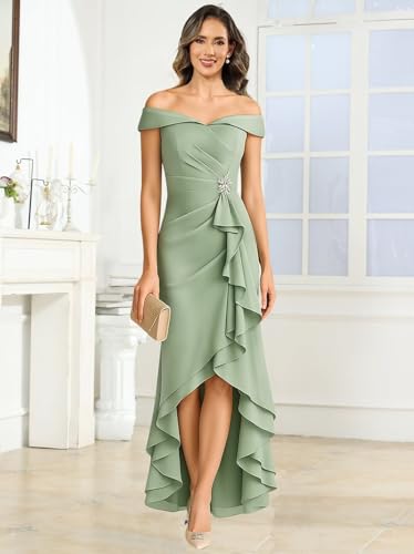 High Low Satin Mother of The Bride Dresses Mermaid Off The Shoulder Formal Evening Dress for Women2