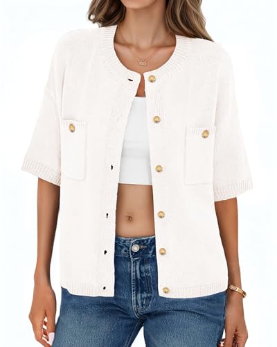 Image of Womens Cardigan Sweaters Short Sleeve 2025 Button Up Y2k Summer Crew Neck Crop Lightweight Knit Shirt Tops