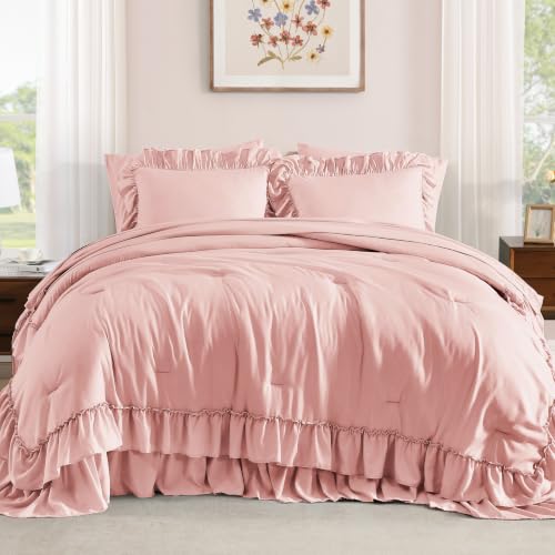 Image of King Size Comforter Set Rosewater Ruffle 7 Pieces Farmhouse Bed in a Bag | Shabby Chic Fluffy All Season Bedding Sets with Sheets, Pillowcases & Shams