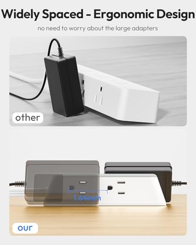 NTONPOWER Power Strip con enchufe plano cable de 15 pies, regleta con montaje en pared y USB C para oficina en casa, blanco miniatura 3