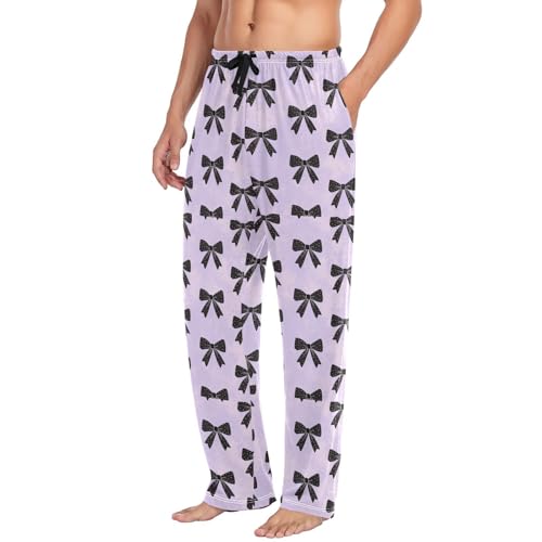 Men's Black Bows Pajama Pants with Pockets - Straight Fit Cotton Sleep Bottoms for Lounge & Nightwear#2814