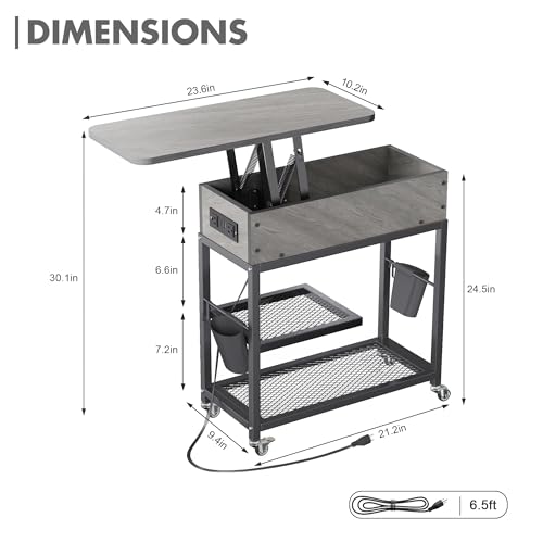 Image of Colima Lift Top End Table with Charging Station and Wheels, Gray