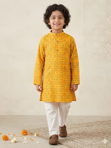 Image of AJ DEZINES Boys Cotton Full Sleeve Letter Printed Kurta Pajama Set for Kids - Ethnic wear | Special Occasion & Traditional Outfit |Boys Kurta Set - Regular Fit