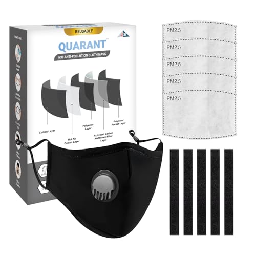 Image of QUARANT N99 Anti-Pollution Reusable Cloth Face Mask with 5 Activated Carbon PM 2.5 Filters, 5 Nose Foam Strips (Black, Pack of 1) for Unisex