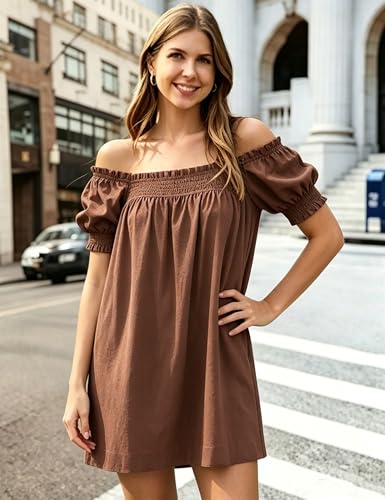 Image of Huaqiao Womens Summer Mini Dress 2026 A-Line Square Neck Puff Sleeve Beach Sundress Casual Short Dress with Pockets