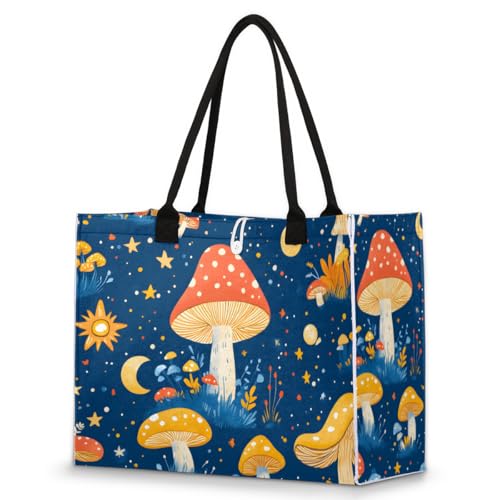 Mushroom Stars Tote Bag for Women Large Beach Bag Reusable Tote Bags for Work Travel Beach Shopping