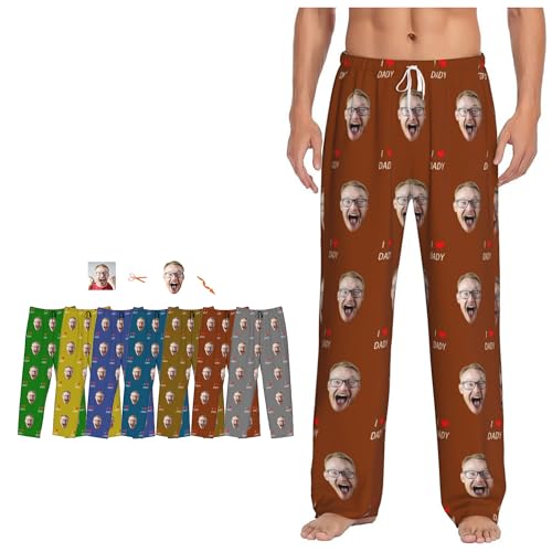 Personalized Pajamas Pants Gifts with Photo I Love Dady, Customized Pj Bottoms Dog Pet Face Anniversary for Men Husband Grandfather