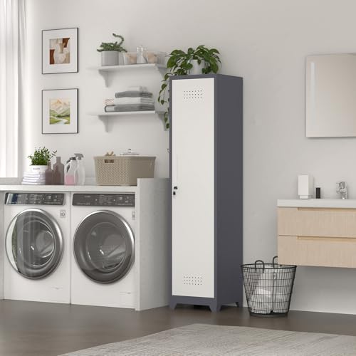 Image of Metal Broom Storage Cabinets, Narrow Cabinet with Hooks, 65 inch Slim Bathroom Storage Cabinet with Shelves, Heavy-Duty Cleaning Cabinets for Utility Room, Gym, Office, Garage
