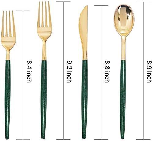 Supernal 180pcs Gold and Green Plastic Silverware Extra Heavy Duty Gold Plastic Cutlery with Green Glitter Handle Disposable Flatware for Parties, Weddings, and Outdoor Events