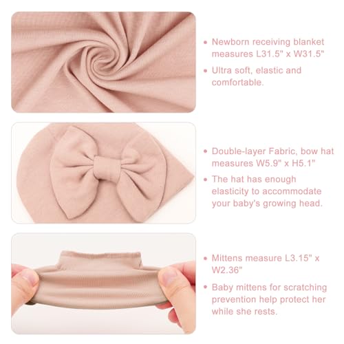 Image of AQOKKA Newborn Receiving Blanket with Bow Hat Mittens Wooden Card Set Newborns Toddler Baby Boy Girl Nursery Swaddle Wrap