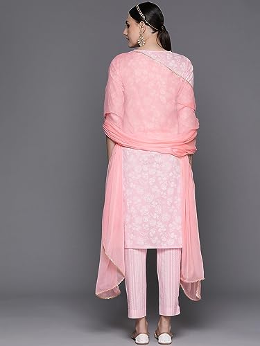 Image of INDO ERA Women's Cotton Embroidered Straight Kurta With Pant & Dupatta Set (KH0PK7187)