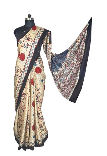 Image of Ethnics of Kutch Ajrakh Modal Silk Saree For Women | Natural Dye Hand Block Print |With Unstitched Blouse Piece | 5.5 Mtr Length (Cream 27A01D)