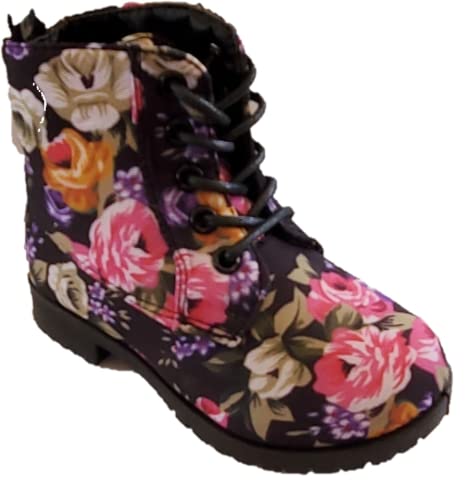 Jelly Bean Girl Combat Boot Bootie Black Turquoise Pink Flowered BCT04 (Black, Numeric_9)