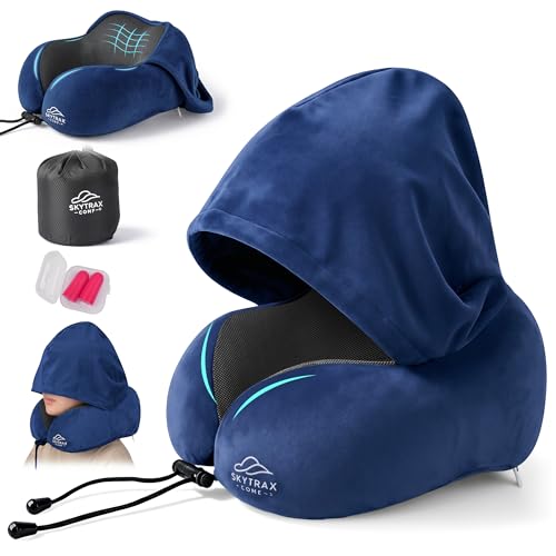 Image of SkytraxComf Travel Neck Pillow with Hood for Privacy on Long Flights | Memory Foam | Airplane Sleep | Safety-Tested Materials | Extra Large Hood | Chin Support | Earplugs | Washable Cover