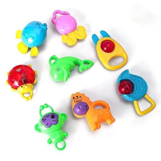 Image of BabyGo Infant Colourful Plastic Non Toxic Set of 8 Attractive Rattles and Teathers for New Borns, Baby,Kid (Multicolor)