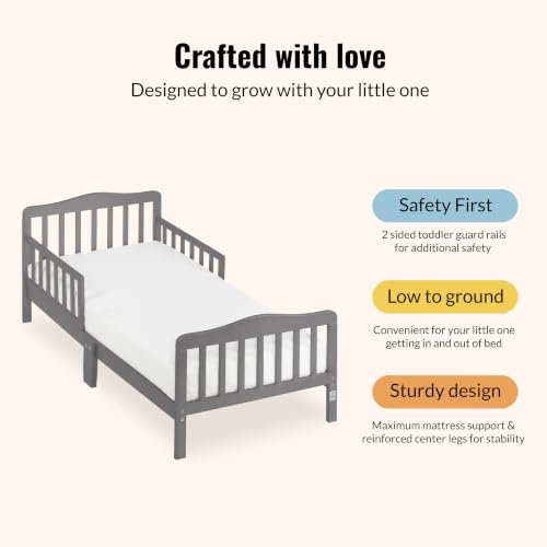 Image of Dream On Me Classic Design Toddler Bed, GREENGUARD Gold, Steel Grey | Slatterd Curved Design, Low to Floor Bed, 2 Safety Guard Rails, Sturdy Wooden Frame, 50 Lb Limit, BSA Verified