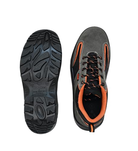 Image of Karam FS69 Grey and Black Suede Leather Safety Shoes for Men |Single Density with Steel Toe | Antistatic, Antislip, Oil & Heat Resistant