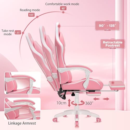 HOFFREE Gaming Chair with Massage Big and Tall Game Chairs with Footrest Computer Gaming Chair for Adults 400lb for Heavy People Pink and White - Image 7