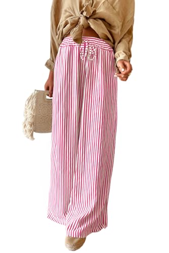 Image of Acelitt Women Casual Drawstring Elastic Waist Striped Wide Leg Pants with Pockets, S-XXL