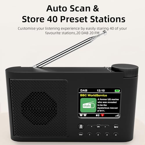 WOVTE DAB Portable Digital Radio Rechargeable Battery or Mains Powered Small FM Radio with Bluetooth Alarm Clock Sleep Timer (Black (Colour Display Arc Edge Design))