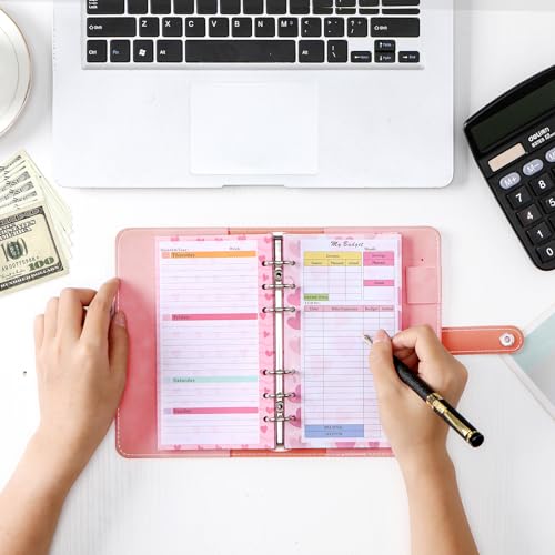 Recarga de papel para planejador A6 2024, 82 folhas, rosa, coração, mensal, orçamento, agenda, agend