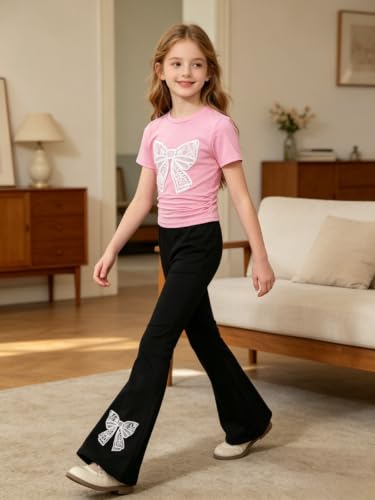 Image of Girls Clothes 2 Piece Short Sleeve Lace Bow Print Tops Flared Pants Set Little Girl Outfits Size 7-14