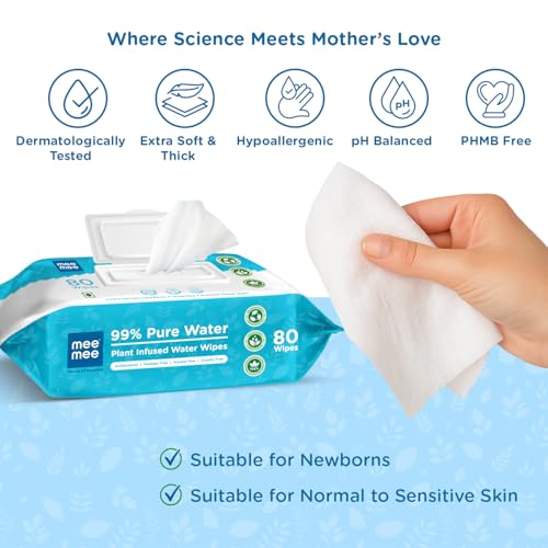 Image of Mee Mee Pure Water Wet Wipes 80 Count x 4 Pack 320 Wipes | Unscented, Plant-Derived, Thick & Soft Baby Wipes | Gentle for Newborn & Sensitive Skin with Lid