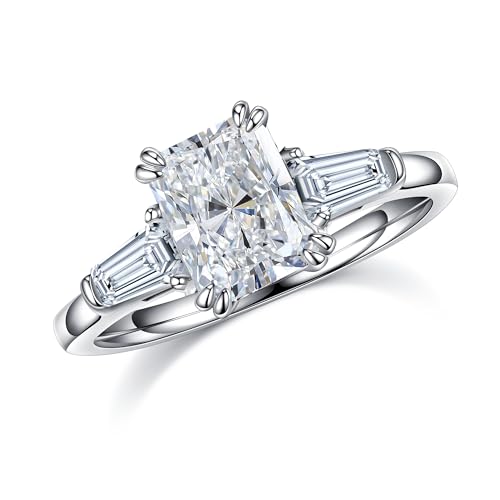 MOOSEA 3 Stone Moissanite Rings for Women, 2ct Radiant D Color VVS1 Clarity Lab Created Moissanite Rings 14K White Gold Vermeil Double Claw Radiant Cut Moissanite 3 Stone Rings for Women Mom Wife Gift