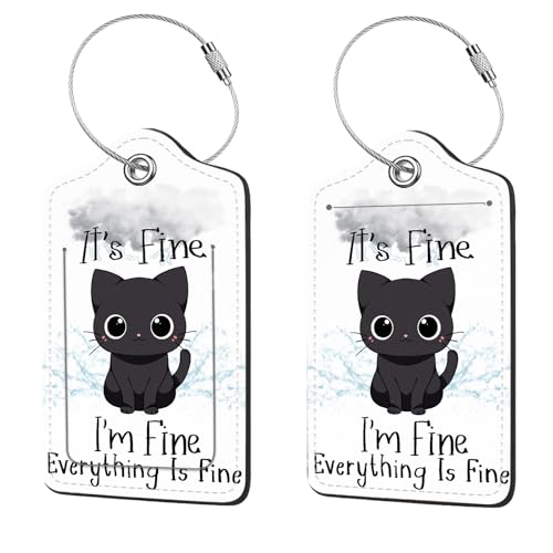 2 Pcs Luggage Tags for Suitcase, Cute Unique PU Leather Travel Bag Tag with Privacy Cover ID Label Address Card and Durable Metal Ring Suitable for Men Women Children Backpack,Cat Under A Dark Cloud