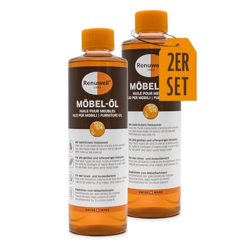 Renuwell Möbel-Öl, 2x 500 ml – Natürliches Pflegeöl für Holz mit Leinöl und Teebaumöl, farblos, Schutz für geölte und unbehandelte Holzoberflächen, Schweizer Qualität